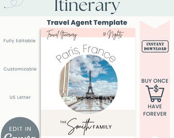 Parigi, Francia Itinerario per agenti di viaggio Modello di itinerario per clienti in luna di miele Parigi Francia Torre Eiffel / Modifica in Canva