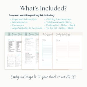 Op de afbeelding: Een printbare inpaklijst voor een Europese vakantie met secties voor kleding, toiletartikelen, elektronica, papierwerk en meer. De lijst bevat een to-do-lijst en een inpaklijst met ruimte voor notities.