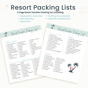 May include: Two printable packing lists for a resort vacation. The lists are divided into two pages, one for clothing and accessories, toiletries and medications, and the other for paperwork and essentials, miscellaneous, and electronics. The lists are designed with a tropical theme and feature palm trees and a sunset.