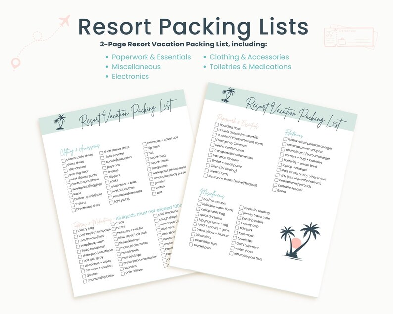May include: Two printable packing lists for a resort vacation. The lists are divided into two pages, one for clothing and accessories, toiletries and medications, and the other for paperwork and essentials, miscellaneous, and electronics. The lists are designed with a tropical theme and feature palm trees and a sunset.