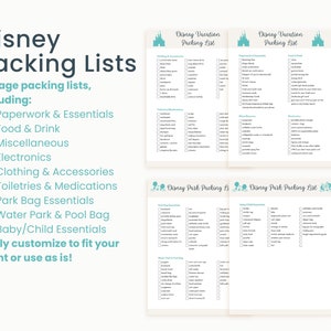 May include: Four printable packing lists for a Disney vacation. The lists include categories for paperwork, food and drink, miscellaneous items, electronics, clothing, toiletries, park bag essentials, water park essentials, and baby/child essentials. The lists are designed to be easily customized.