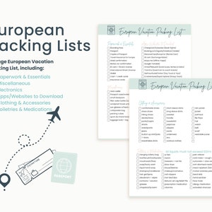 May include: A two-page printable European vacation packing list with a checklist of essentials, clothing, and toiletries. The list includes categories like paperwork, electronics, apps, and medications. The list is illustrated with a globe, a plane, and a passport.