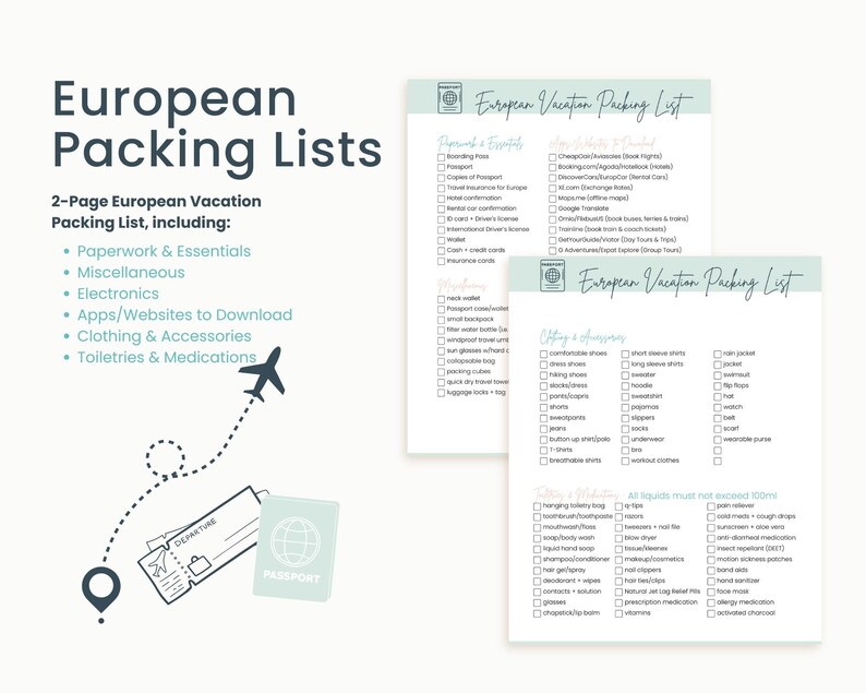 May include: A two-page printable European vacation packing list with a checklist of essentials, clothing, and toiletries. The list includes categories like paperwork, electronics, apps, and medications. The list is illustrated with a globe, a plane, and a passport.