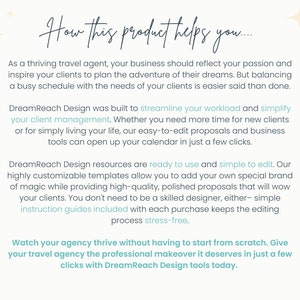 Pu&ograve; includere: Testo su uno sfondo bianco con un design blu chiaro e bianco. Il testo recita "Come questo prodotto ti aiuta..." e descrive come DreamReach Design pu&ograve; aiutare gli agenti di viaggio a semplificare il loro carico di lavoro e semplificare la gestione dei clienti.