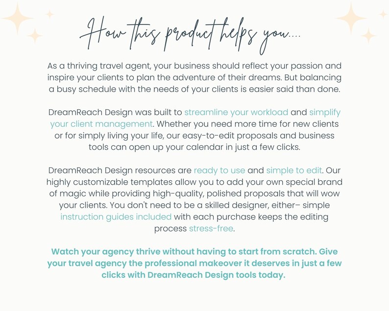 Pu&ograve; includere: Testo su uno sfondo bianco con un design blu chiaro e bianco. Il testo recita "Come questo prodotto ti aiuta..." e descrive come DreamReach Design pu&ograve; aiutare gli agenti di viaggio a semplificare il loro carico di lavoro e semplificare la gestione dei clienti.