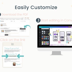 May include: A screenshot showing how to customize a Canva template. The first step is to download the PDF from Etsy. The second step is to click on the link in the email to download the Canva template. The third step is to open the Canva template and start editing.