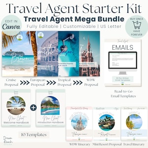 May include: A digital marketing kit for travel agents. The kit includes 10 templates, 30 pre-written email templates, and a travel itinerary. The kit is fully editable and customizable. The image also includes the text "Travel Agent Starter Kit" and "Travel Agent Mega Bundle".