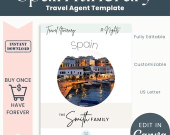 Itinerario in Spagna per agenti di viaggio Modello di itinerario per clienti in luna di miele Barcellona Madrid Modifica in Canva