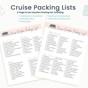 May include: Two printable cruise vacation packing lists with pink and blue accents. The lists are divided into categories such as paperwork and essentials, clothing and accessories, toiletries and medications, and miscellaneous. The lists include items such as phone boarding pass, cruise tickets, passport, medications, sunscreen, and swimwear.