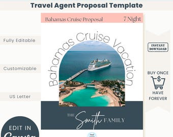 Redigerbar reseförslag Digital nedladdning Kryssningsplanerare Nassau semestermall Bimini Bahamas reseguide Anpassningsbar resebranding