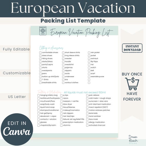 European Vacation Packing List Template for Travel Agents  Travel Agent Template  Edit in Canva  Instant Download  Digital