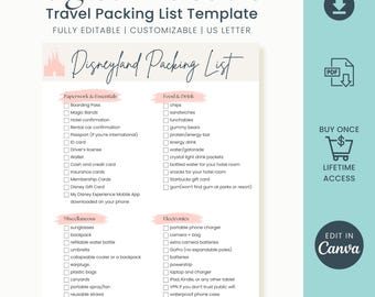 Packlista för temaparksemester Resemall Packlistaplanerare Utskrivbar reseguide Digital nedladdning WDW-guide Redigerbar i Canva