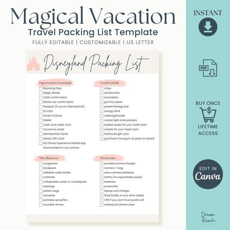Theme Park Vacation Packing List Travel Template Packing List Planner ...