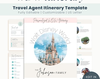 Puede incluir: Una plantilla de itinerario de agente de viajes personalizable para Walt Disney World, con una imagen de castillo. El diseño incluye el texto "WDW Itinerary", "Travel Agent Itinerary Template" y "The Johnson Family". La plantilla es totalmente editable y personalizable.