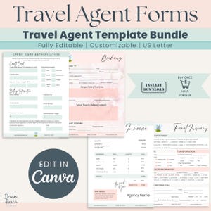 Paquete de formularios para agentes de viajes Formulario de reserva de viaje Factura Autorización de tarjeta de crédito Formularios para agentes de viajes Consulta de viajes/edición en Canva