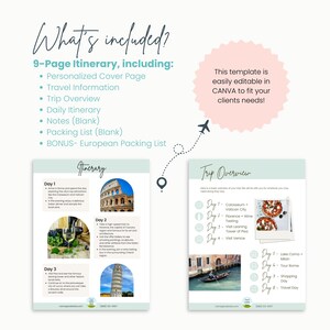 Pu&ograve; includere: Un modello di itinerario di 9 pagine per un viaggio in Italia. Il modello include una pagina di copertina personalizzata, informazioni di viaggio, panoramica del viaggio, itinerario giornaliero, note, lista di imballaggio e una lista di imballaggio europea. Il modello &egrave; facilmente modificabile in Canva per soddisfare le esigenze dei tuoi clienti. L'itinerario include un elenco di attivit&agrave; per ogni giorno, come visitare il Colosseo, la Citt&agrave; del Vaticano, Firenze, Pisa, Venezia, il Lago di Como, Milano e Roma.