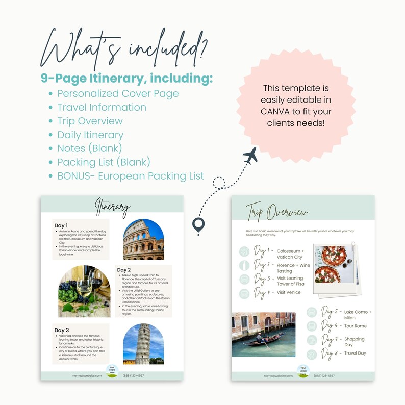 Pu&ograve; includere: Un modello di itinerario di 9 pagine per un viaggio in Italia. Il modello include una pagina di copertina personalizzata, informazioni di viaggio, panoramica del viaggio, itinerario giornaliero, note, lista di imballaggio e una lista di imballaggio europea. Il modello &egrave; facilmente modificabile in Canva per soddisfare le esigenze dei tuoi clienti. L'itinerario include un elenco di attivit&agrave; per ogni giorno, come visitare il Colosseo, la Citt&agrave; del Vaticano, Firenze, Pisa, Venezia, il Lago di Como, Milano e Roma.