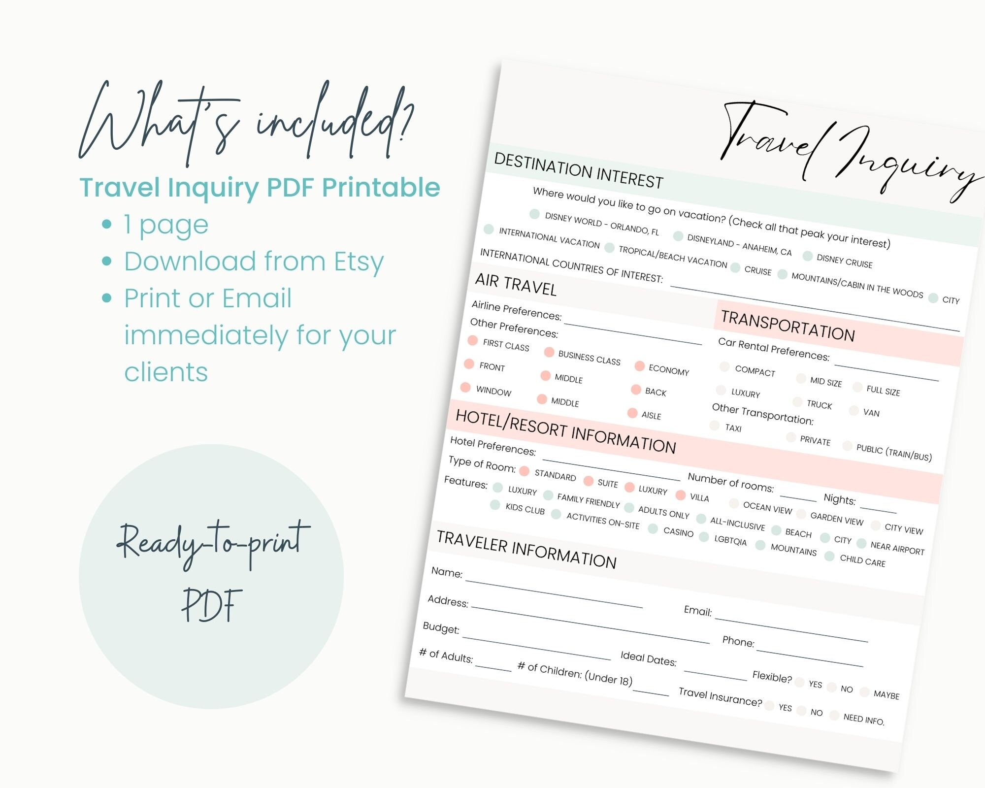 Travel Inquiry PDF Printable for Travel Agents Travel Inquiry Form