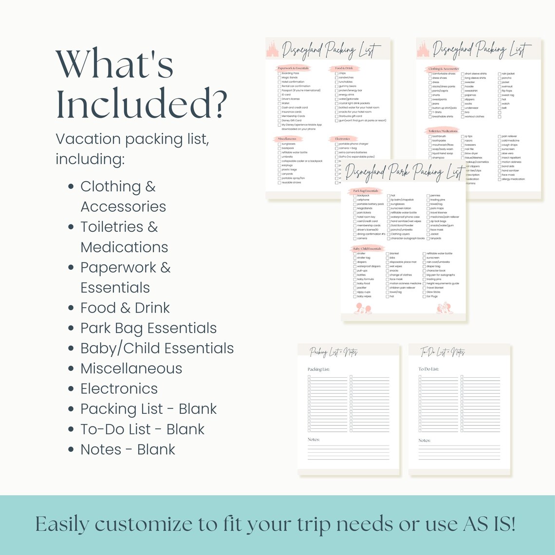 Theme Park Vacation Packing List Travel Template Packing List Planner ...