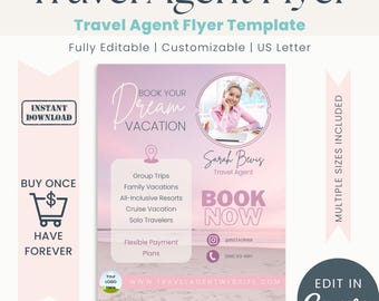 Mall för reseflyer Mall för kryssningsflyer Resebyråmall Semesterflyer Resebyrå Redigera i Canva Redigerbar reklamflyer