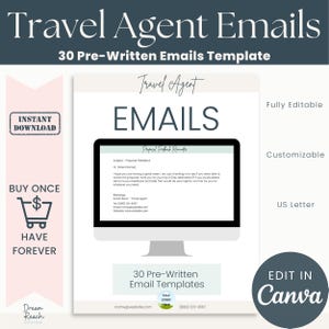 Pre-Written Email Templates for Travel Agents  30 Emails  Travel Agent Emails  Easy to Edit Email Templates  Edit in Canva
