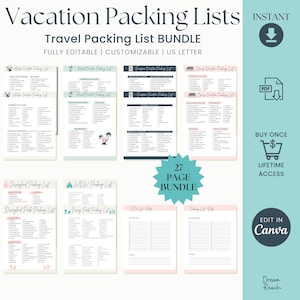 Può includere: Un download digitale di 27 liste di imballaggio per vacanze stampabili in un pacchetto. Le liste sono completamente modificabili e personalizzabili in formato US Letter. L'immagine mostra una varietà di liste di imballaggio, tra cui liste per Disney World, parchi di divertimento e viaggi in generale. Il testo "DOWNLOAD IMMEDIATO", "ACQUISTA UNA VOLTA ACCESSO A VITA", "MODIFICA IN CANVA" e "PACCHETTO DA 27 PAGINE" è visibile nell'immagine.