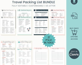 Packlista för semesterpaket, resemall, packlistaplanerare, utskrivbar reseguide, digital nedladdning, karibisk guide, redigerbar i Canva