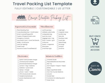 Packlista för kryssningssemester, resemall, packlistaplanerare, utskrivbar reseguide, digital nedladdning, karibisk guide, redigerbar i Canva