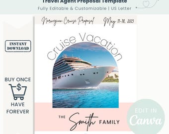 Mall för personligt kryssningsförslag för resebyråer, kryssning till Karibien, Australien, Nya Zeeland, redigera i Canva, direktnedladdning