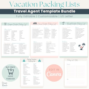 May include: A set of printable vacation packing lists in a travel agent template bundle. The lists include European vacation, cruise vacation, resort vacation, and Disney vacation. The lists are fully editable and customizable. The text "Edit in Canva" is displayed on a pink circle.