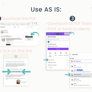 May include: A step-by-step guide on how to download a digital product from Etsy. The guide shows how to download a PDF file from Etsy and then download the file again from a link in an email. The guide also shows how to download the file as a PDF Standard from a design platform.