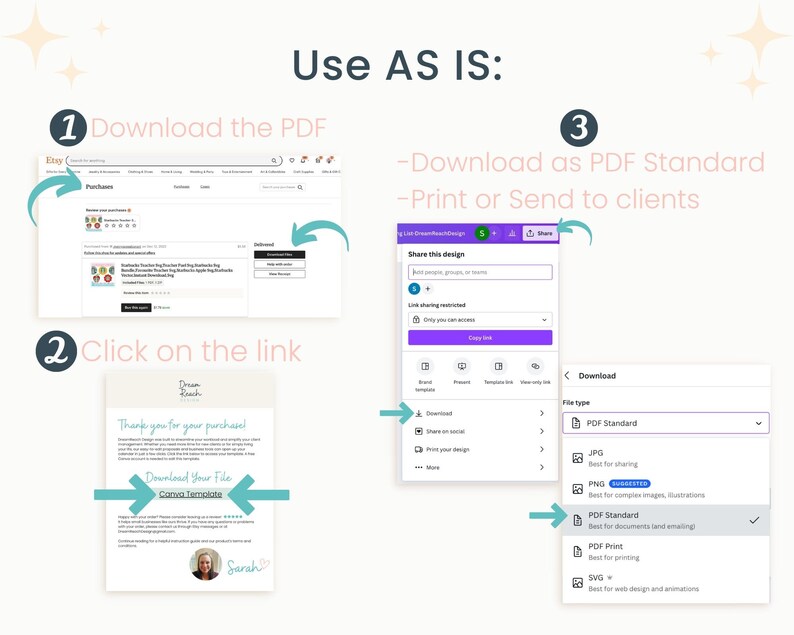 May include: A step-by-step guide on how to download a digital product from Etsy. The guide shows how to download a PDF file from Etsy and then download the file again from a link in an email. The guide also shows how to download the file as a PDF Standard from a design platform.