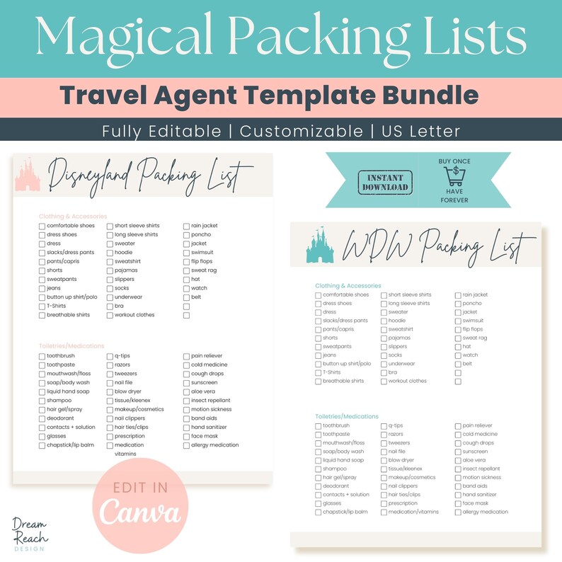 WDW Packing List Template Bundle for Travel Agents Customizable Park ...