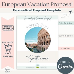 Personalized European Vacation Proposal Template for Travel Agents  European Vacation  Rome, Italy  Edit in Canva  Instant Download