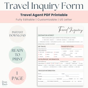 Travel Inquiry PDF Printable for Travel Agents  Travel Inquiry Form  Travel Agent Forms  Travel Agent Templates  Instant Download