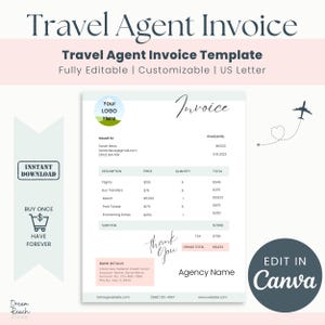 Invoice Template for Travel Agents  Travel Invoice  Travel Agent Forms  Travel Agent Templates  Edit in Canva