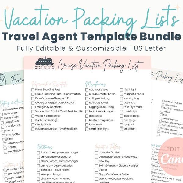 Packing List Template Bundle for Travel Agents | Resort Honeymoon | European Trip | Cruise | Alaska Vacation | Edit in Canva