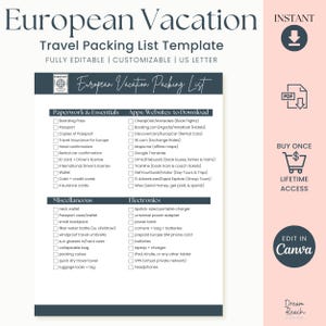 Lista rzeczy do spakowania na wakacje w Europie Szablon podróży Planer listy rzeczy do spakowania Przewodnik turystyczny do wydrukowania Cyfrowe pobieranie Przewodnik po Europie Edytowalny w Canva
