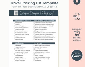 Packlista för Europasemester Resemall Packlistaplanerare Utskrivbar reseguide Digital nedladdning Europaguide Redigerbar i Canva