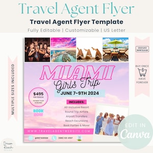 Travel Flyer Template  Girls Trip  Travel Agent Template  Vacation Flyer  Miami Beach  Edit in Canva | Promotional Flyer | Editable