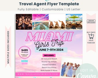 Mall för reseflygblad, flickresor, resebyråmall, semesterflygblad, Miami Beach, redigera i Canva | Reklamflygblad | redigerbar