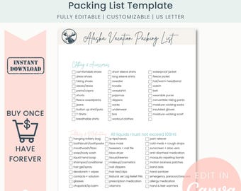 Mall för packlista för Alaska-semester för resebyråer, all-inclusive-semester, vandring, redigering i Canva, direktnedladdning, digital