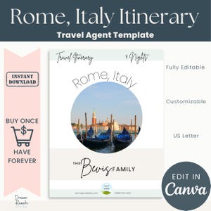 Rome, Italy Itinerary for Travel Agents  Honeymoon  Client Itinerary Template  Venice  Tuscany  Milan | Edit in Canva