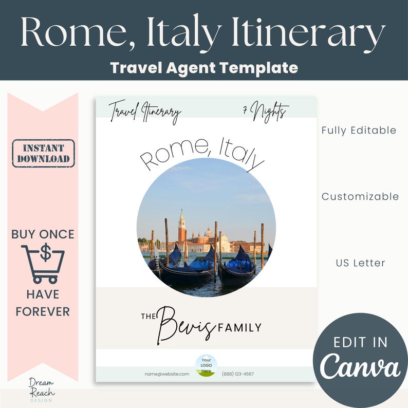 Pu&ograve; includere: Un modello di itinerario di viaggio stampabile per un viaggio a Roma, Italia. Il modello presenta una foto di gondole a Venezia, Italia, e il testo "Roma, Italia" in un cerchio. Il modello &egrave; completamente modificabile e personalizzabile. &Egrave; progettato per carta di formato US Letter e pu&ograve; essere modificato in Canva.