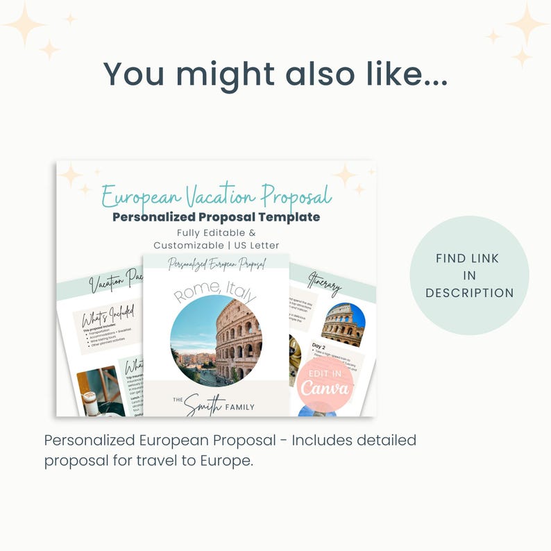 Pu&ograve; includere: Un modello digitale per una proposta di vacanza in Europa. Il modello presenta una foto del Colosseo a Roma, Italia, e il testo "Roma, Italia". Il modello &egrave; completamente modificabile e personalizzabile, e include una lettera americana e una proposta europea personalizzata.