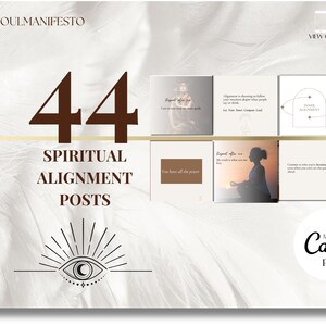May include: A graphic with a white background and brown text that reads "The Soul Manifesto" and "44 Spiritual Alignment Posts". The graphic also includes a stylized eye with rays of light emanating from it. The graphic is surrounded by a gold border.