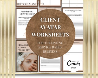 Client Avatar template, Ideal client clarity worksheet, Target market audience, Profile worksheets, Small business marketing, Canva template