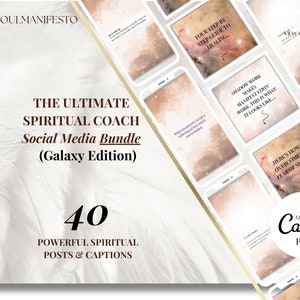 May include: A digital marketing bundle for spiritual coaches with a galaxy theme. The bundle includes 40 social media posts and captions. The text "The Ultimate Spiritual Coach Social Media Bundle (Galaxy Edition)" is displayed on a white background with a galaxy design.