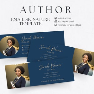 May include: Blue and gold email signature template with a photo of a woman in a dark suit. The text reads "Sarah Weaver, Author" and includes contact information and a social media handle.