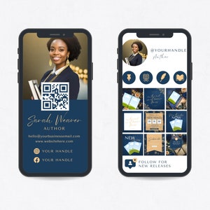 May include: A blue and gold mobile phone screen displaying a social media profile for an author. The profile includes a photo of the author, a QR code, contact information, and social media links. The profile also includes a grid of images promoting the author's books.